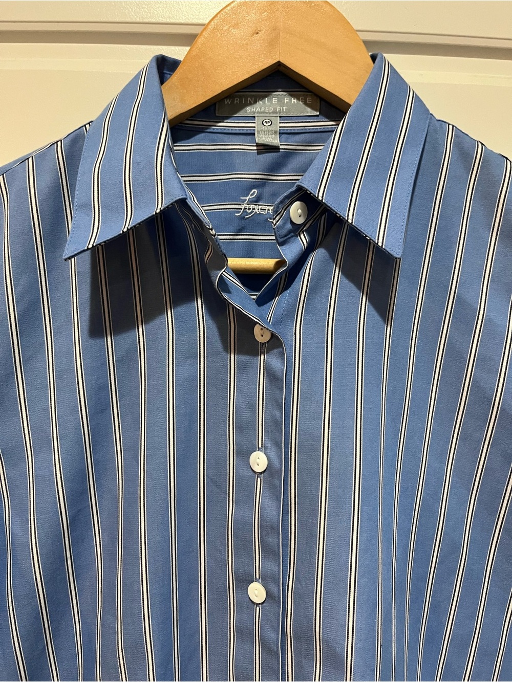 Foxcroft 4P Petite Blue Stripe Wrinkle Free Cotton Button Down Shirt - Picture 4 of 9
